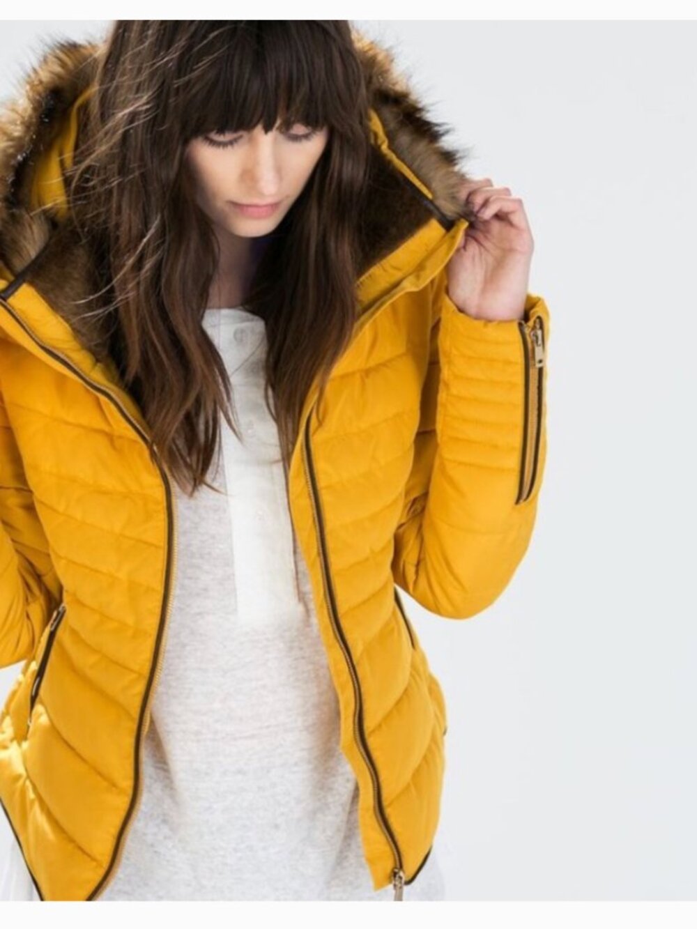 ZARA Down Puffer Padded fur collar anorak Jacket Coat Size: M in Yellow Mustard - Picture 4 of 12